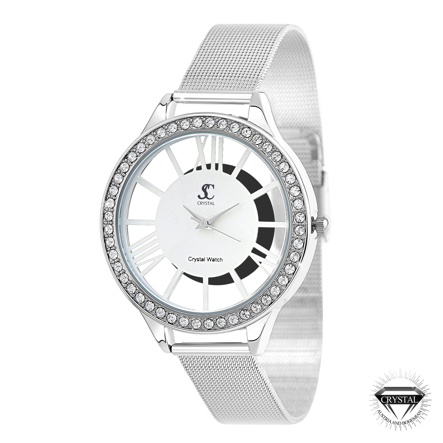 Montre en laiton ornée de 48 cristaux de bohème et bracelet en cuir noir