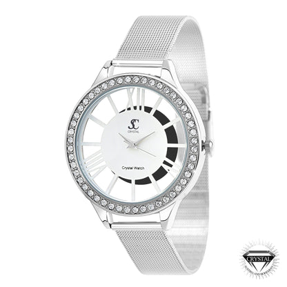 Montre en laiton ornée de 48 cristaux de bohème et bracelet en cuir noir