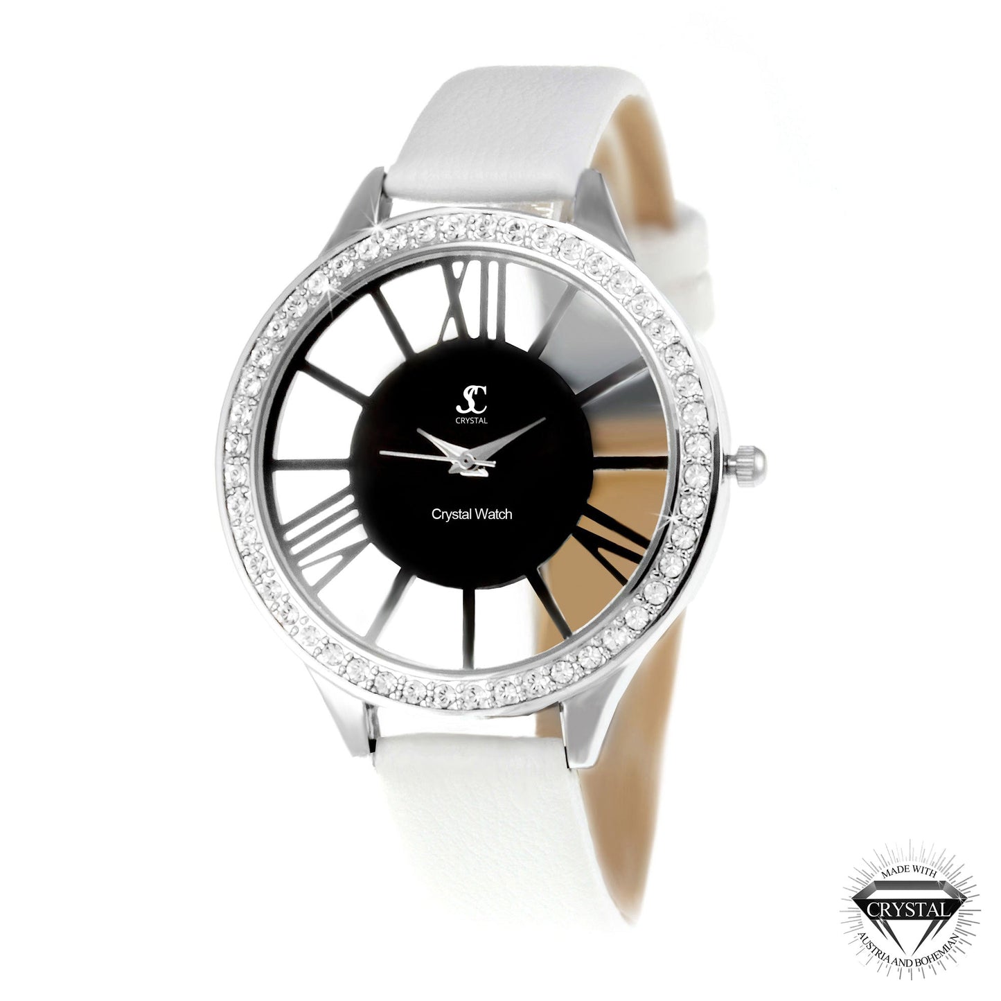 Montre en laiton ornée de 48 cristaux de bohème et bracelet en cuir noir