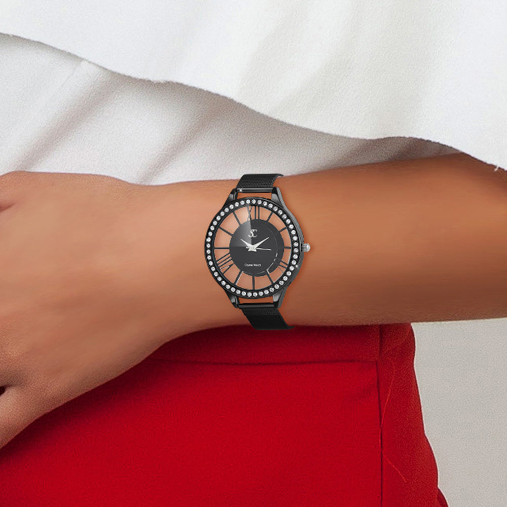 Montre en laiton ornée de 48 cristaux de bohème et bracelet en cuir noir