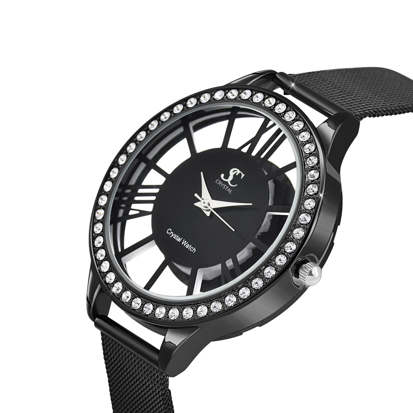 Montre en laiton ornée de 48 cristaux de bohème et bracelet en cuir noir