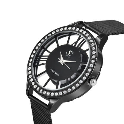 Montre en laiton ornée de 48 cristaux de bohème et bracelet en cuir noir