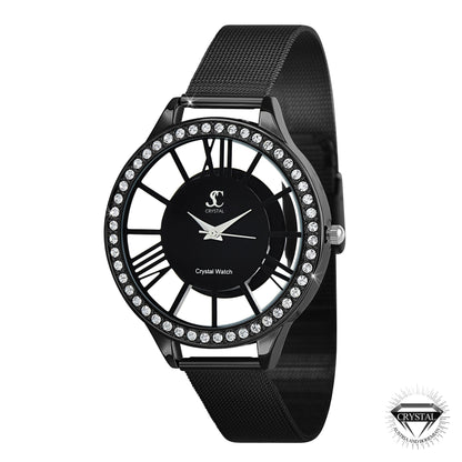 Montre en laiton ornée de 48 cristaux de bohème et bracelet en cuir noir