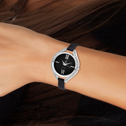 Montre Élégante en Laiton avec 46 Cristaux de Bohème et Bracelet en Cuir Noir