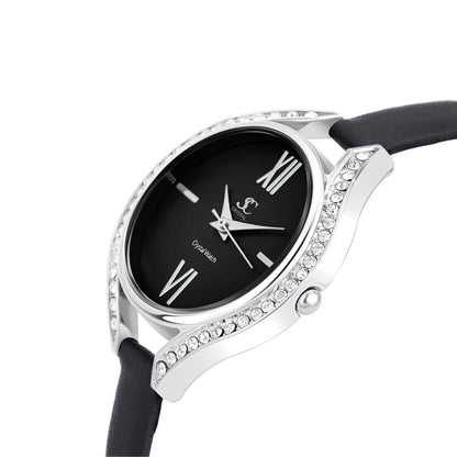 Montre Élégante en Laiton avec 46 Cristaux de Bohème et Bracelet en Cuir Noir