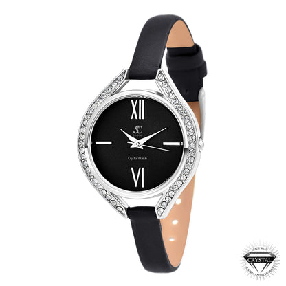 Montre Élégante en Laiton avec 46 Cristaux de Bohème et Bracelet en Cuir Noir