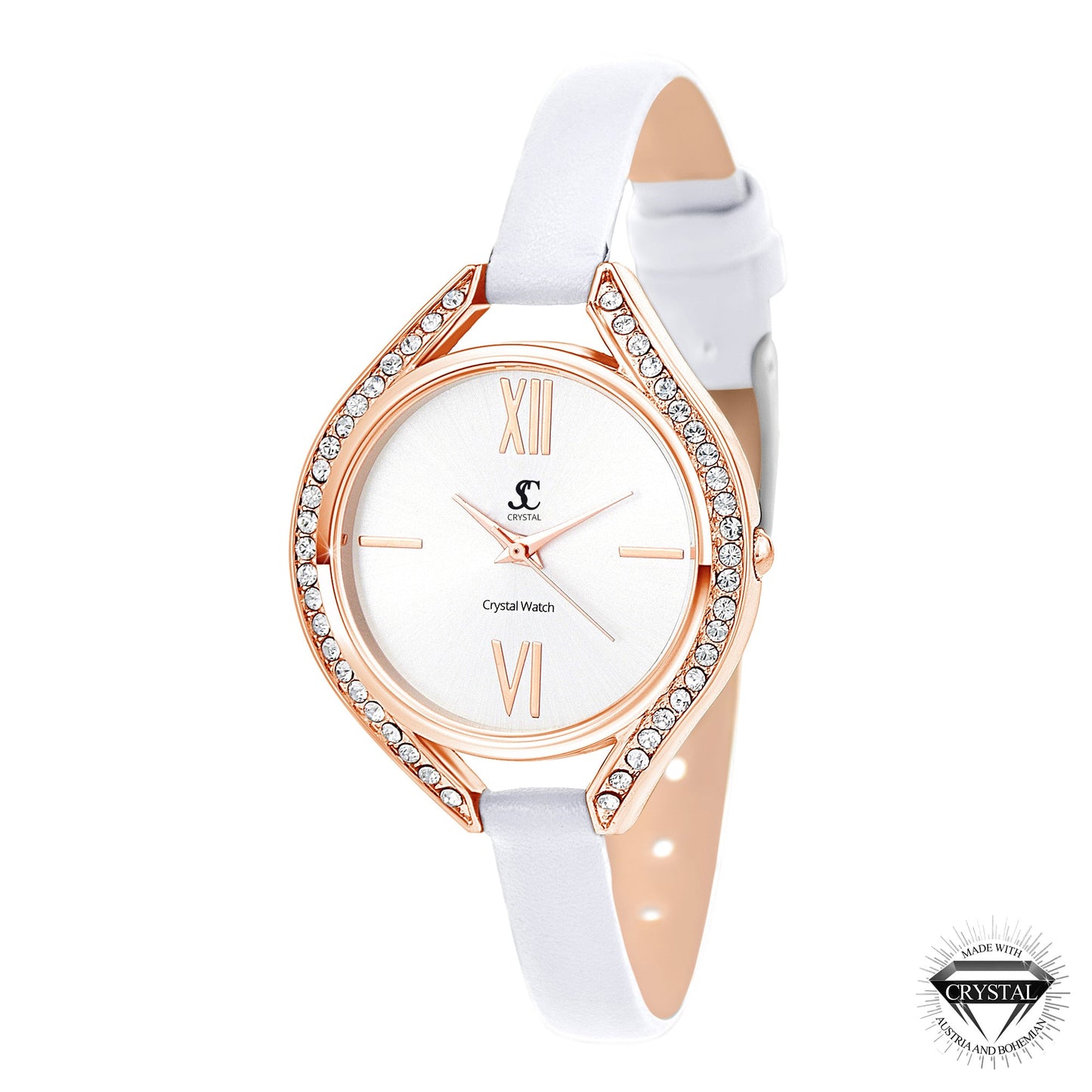 Montre Élégante en Laiton avec 46 Cristaux de Bohème et Bracelet en Cuir Noir