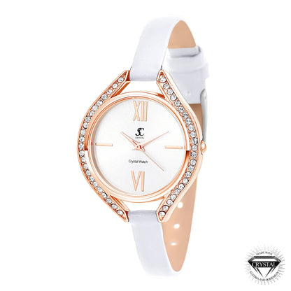 Montre Élégante en Laiton avec 46 Cristaux de Bohème et Bracelet en Cuir Noir