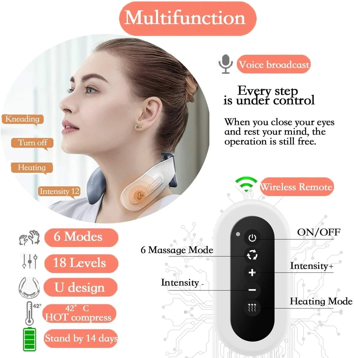 Masseur de cou chauffant électrique intelligent avec 6 modes de massage