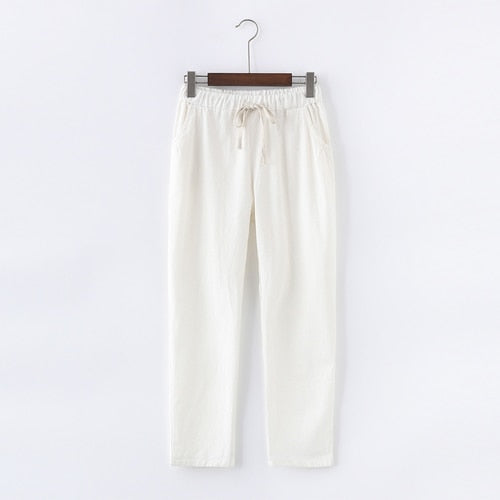 Pantalon Décontracté en Coton et Lin à Taille Élastique