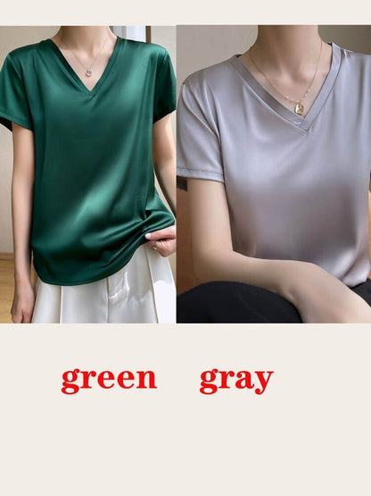 T-shirt col V en satin léger pour femme - Élégance et confort au quotidien
