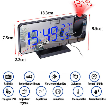 Réveil Projection Numérique LED avec Thermomètre et Radio FM