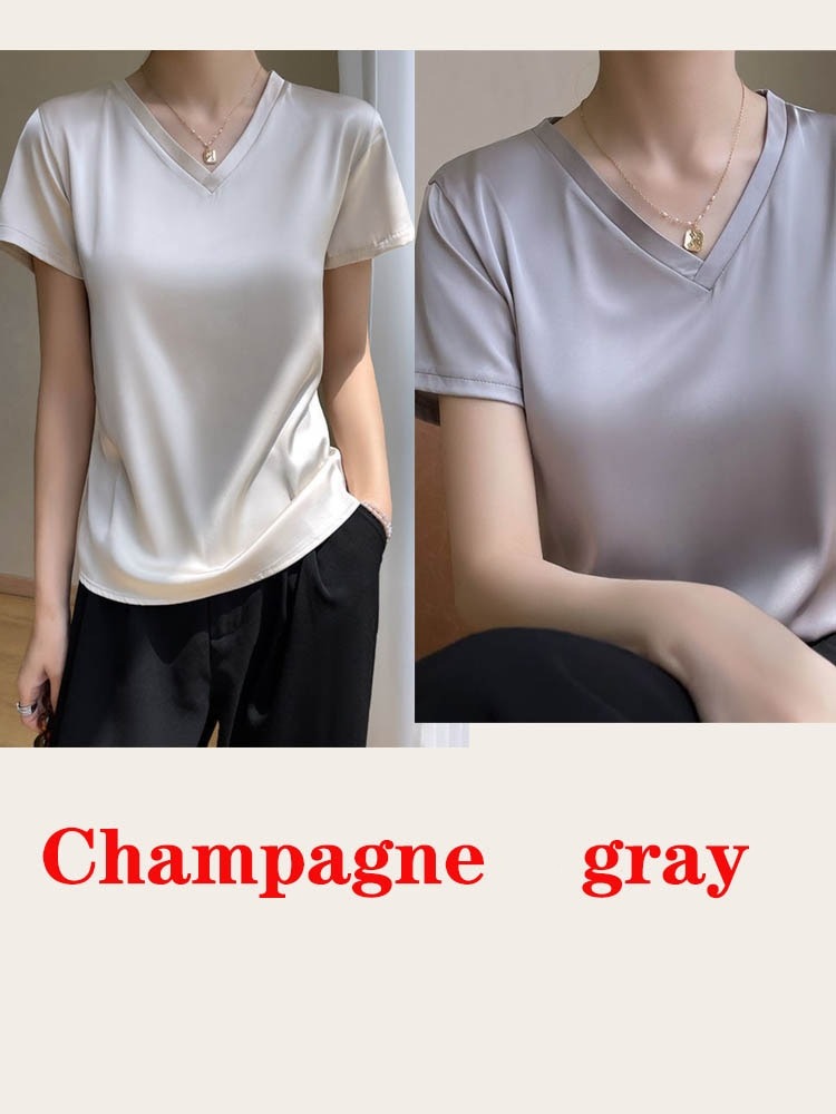 T-shirt col V en satin léger pour femme - Élégance et confort au quotidien