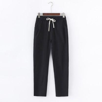 Pantalon Décontracté en Coton et Lin à Taille Élastique