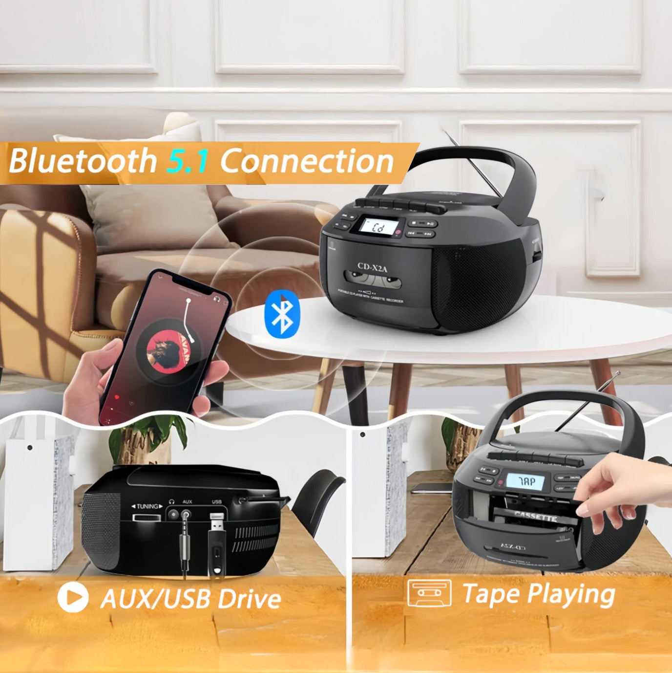 Lecteur CD et cassette portable avec télécommande et Bluetooth 5.1