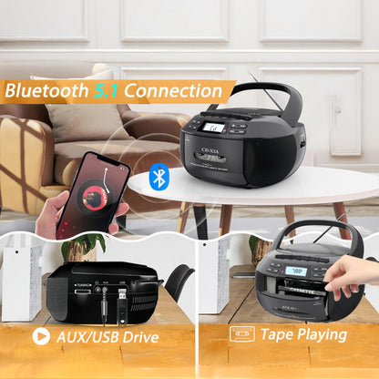 Lecteur CD et cassette portable avec télécommande et Bluetooth 5.1
