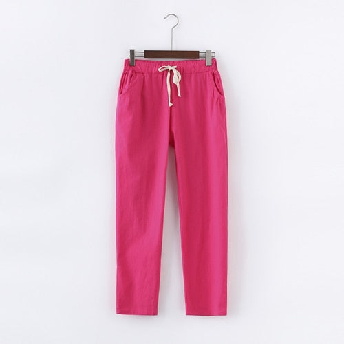 Pantalon Décontracté en Coton et Lin à Taille Élastique