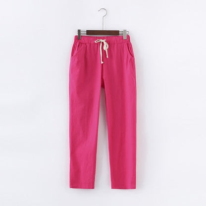 Pantalon Décontracté en Coton et Lin à Taille Élastique