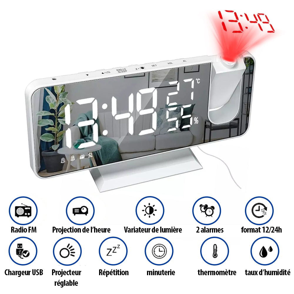 Réveil Projection Numérique LED avec Thermomètre et Radio FM