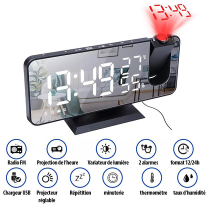 Réveil Projection Numérique LED avec Thermomètre et Radio FM