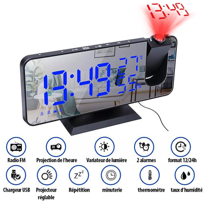 Réveil Projection Numérique LED avec Thermomètre et Radio FM
