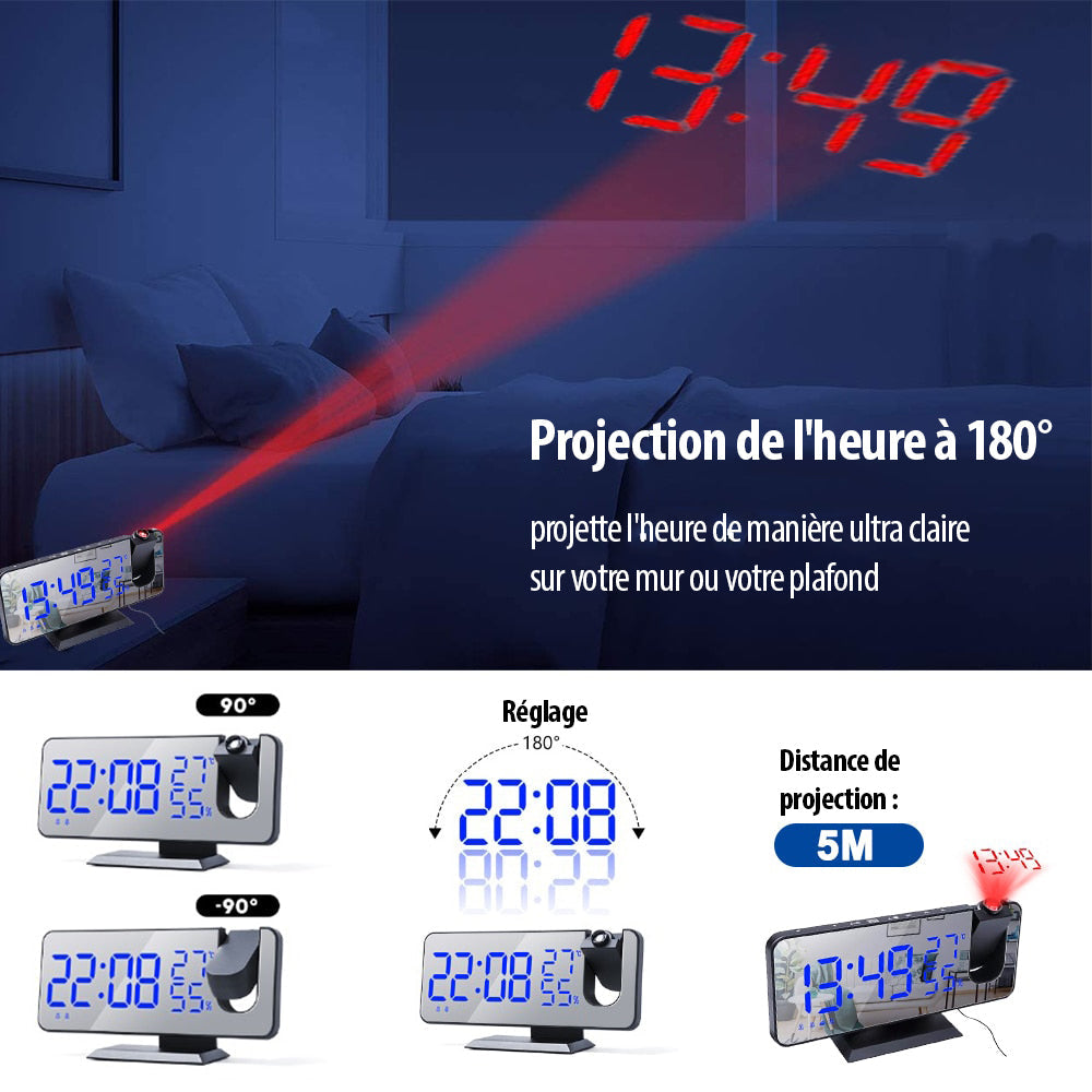 Réveil Projection Numérique LED avec Thermomètre et Radio FM
