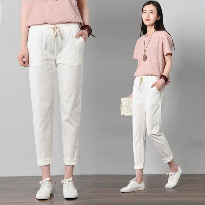 Pantalon Décontracté en Coton et Lin à Taille Élastique