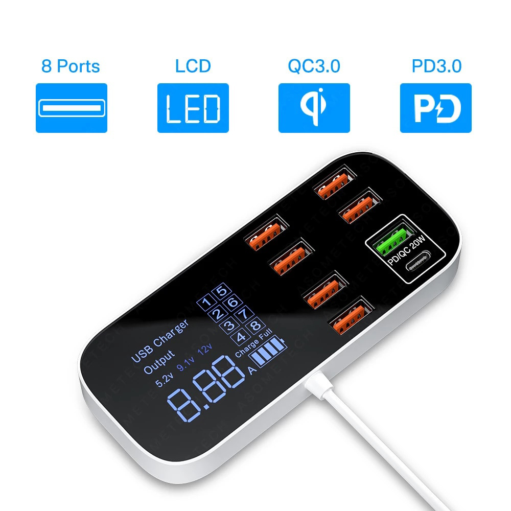 Station de recharge USB 8 ports ultra-rapide avec écran LED