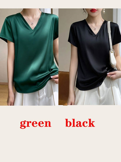 T-shirt col V en satin léger pour femme - Élégance et confort au quotidien