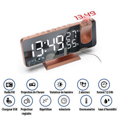 Réveil Projection Numérique LED avec Thermomètre et Radio FM