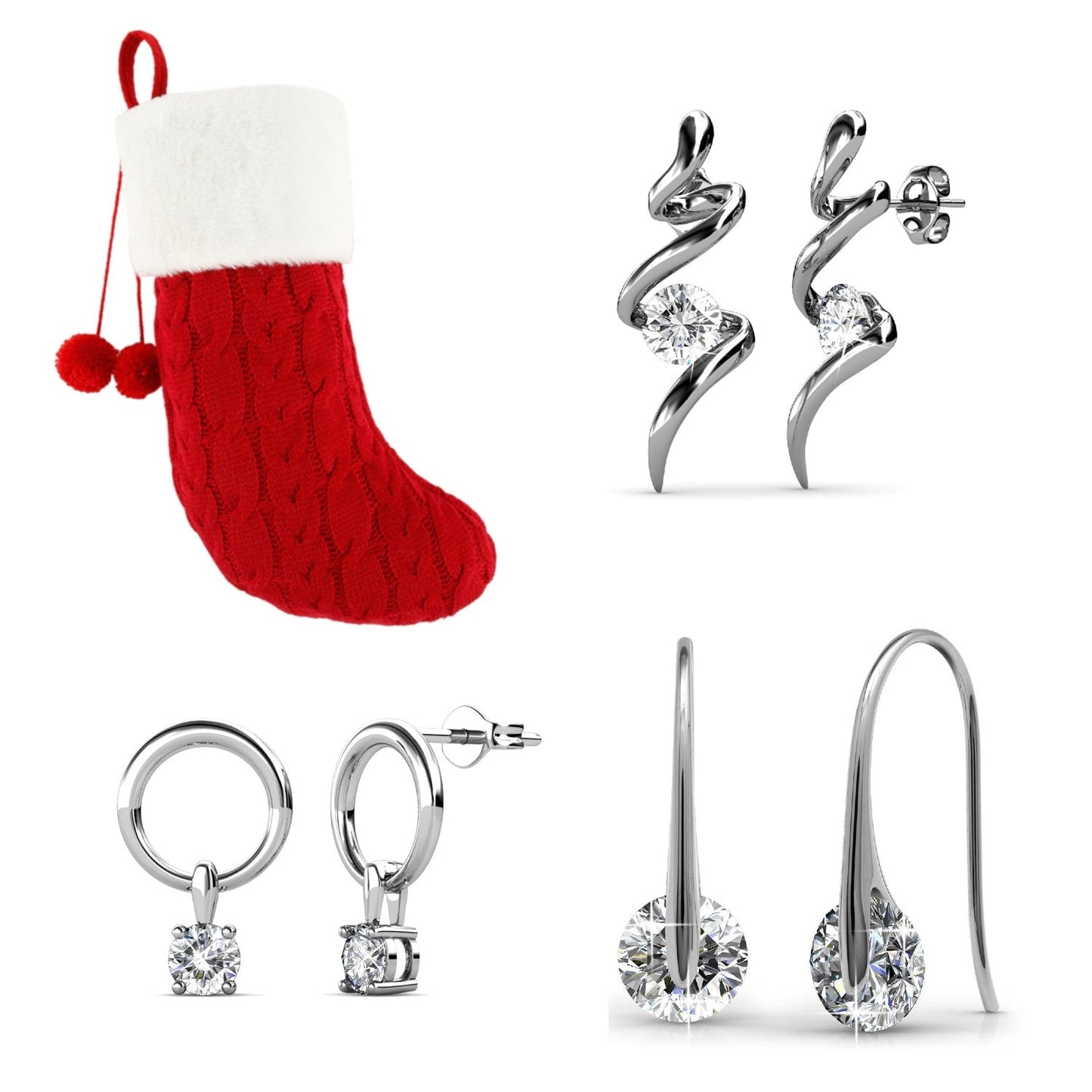 Chaussette secrète de Noël avec 3 paires de boucles d'oreilles en cristaux autrichiens