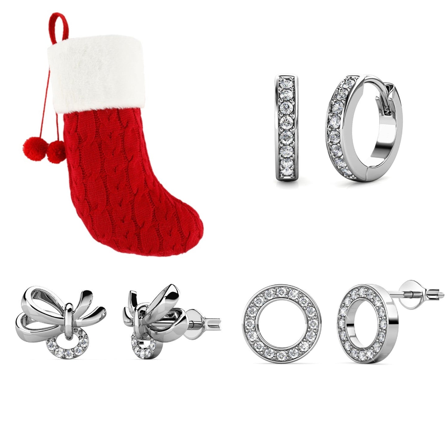 Chaussette secrète de Noël avec 3 paires de boucles d'oreilles en cristaux autrichiens