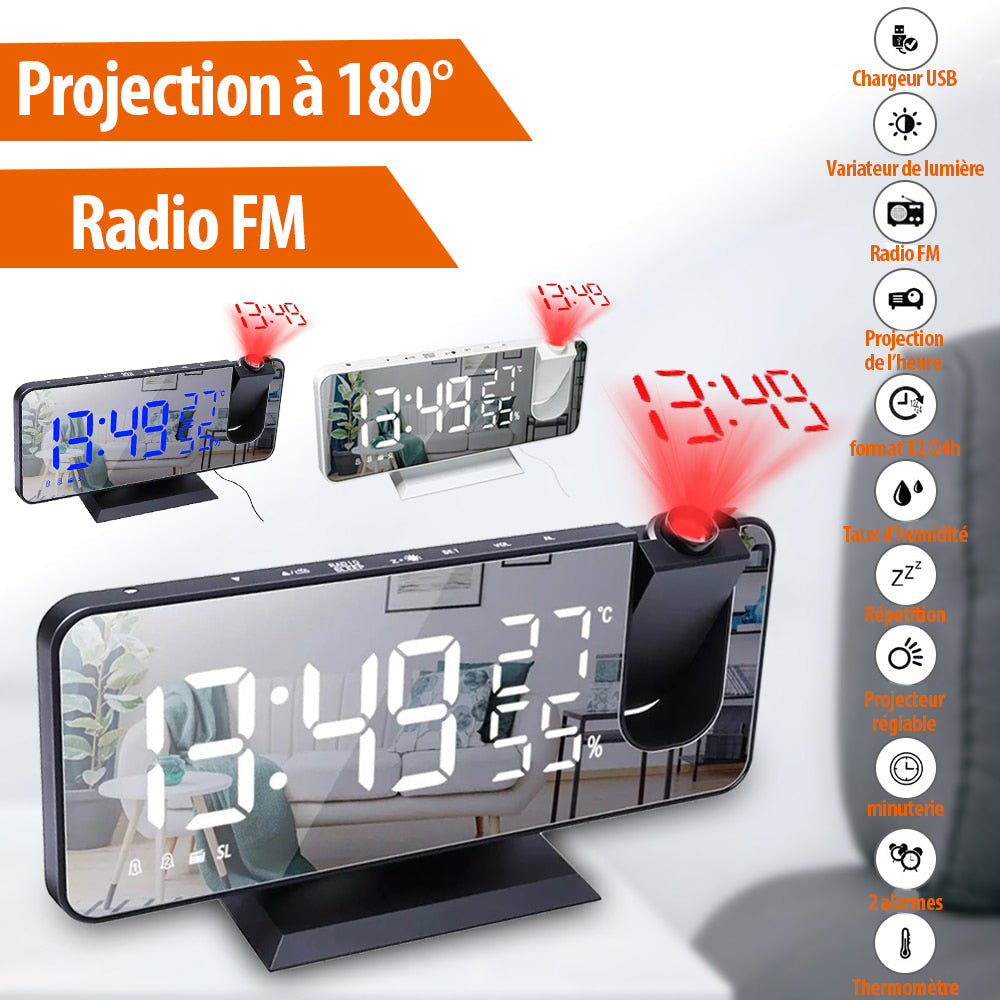 Réveil Projection Numérique LED avec Thermomètre et Radio FM
