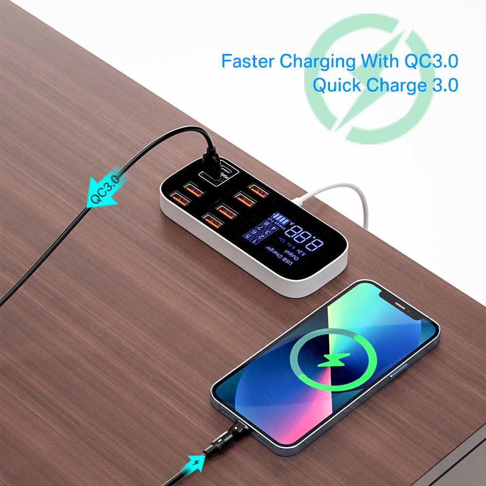 Station de recharge USB 8 ports ultra-rapide avec écran LED