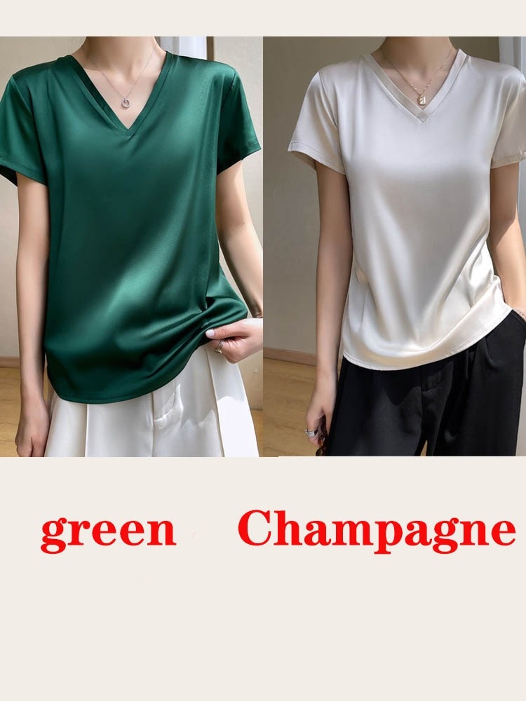 T-shirt col V en satin léger pour femme - Élégance et confort au quotidien