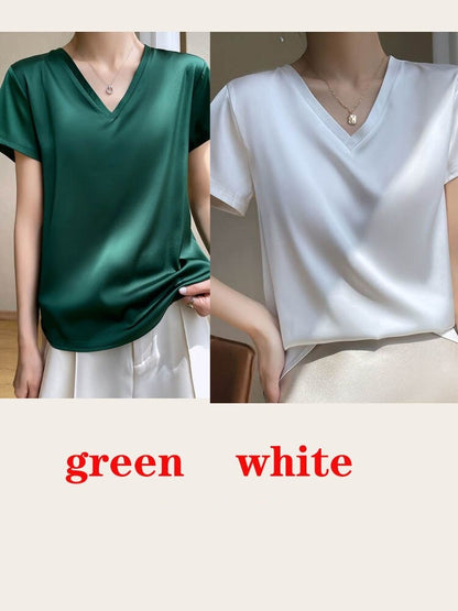 T-shirt col V en satin léger pour femme - Élégance et confort au quotidien