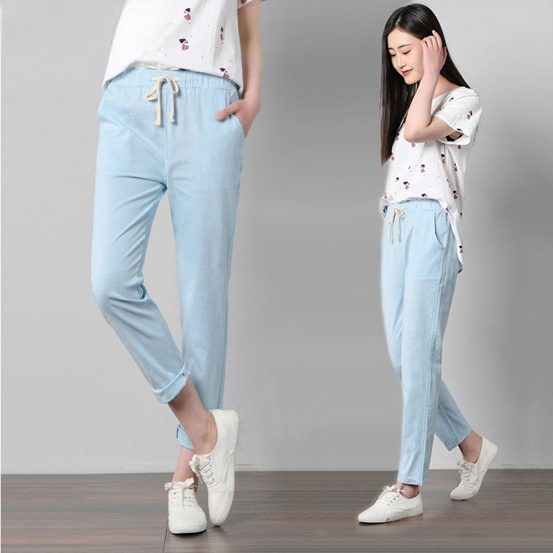 Pantalon Décontracté en Coton et Lin à Taille Élastique