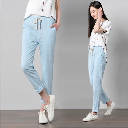 Pantalon Décontracté en Coton et Lin à Taille Élastique