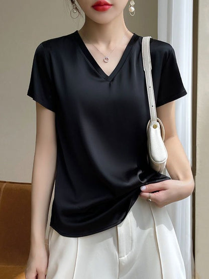 T-shirt col V en satin léger pour femme - Élégance et confort au quotidien