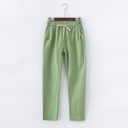 Pantalon Décontracté en Coton et Lin à Taille Élastique