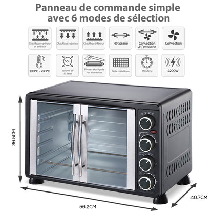 Four électrique inox à deux portes 55L – Cuisine élégante et performante