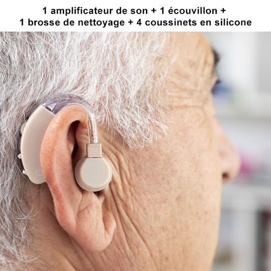 Amplificateur auditif contour d’oreille avec accessoires pratiques