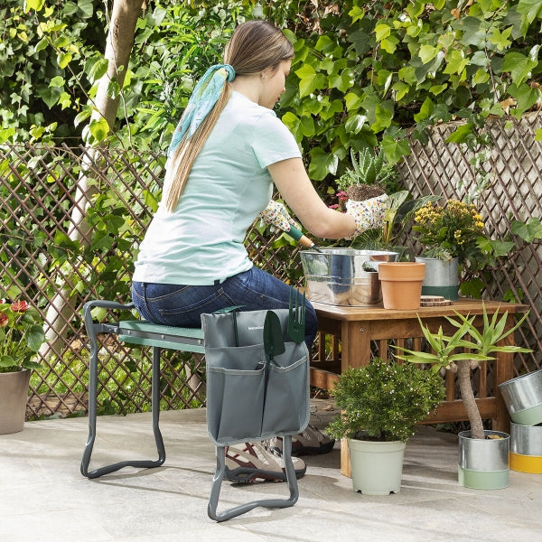 Banc de jardin pliable 3 en 1 avec sac à outils intégré