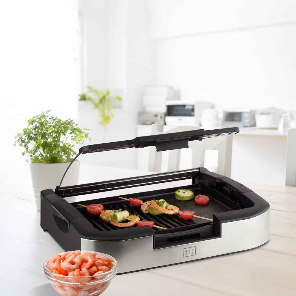 Mini barbecue BOJ® avec couvercle en verre et trancheuse à saucisson offerte