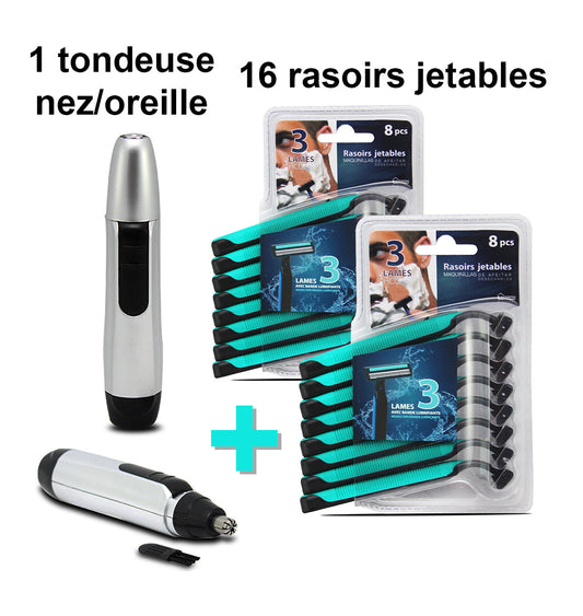 Kit Beauté Homme : Tondeuse Nez/Oreille et 16 Rasoirs Jetables pour un Rasage Parfait