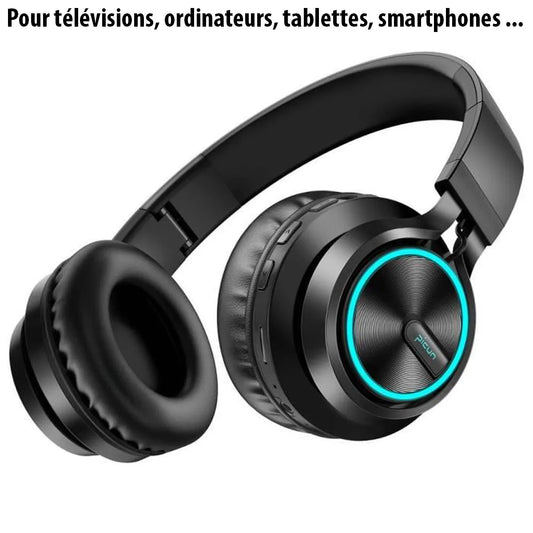 Casque audio pliable Bluetooth 5.0 avec LED et micro HD