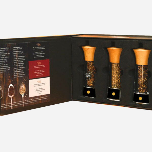 Coffret Cadeau Prestige : 3 Moulins à Poivre Noir, Rouge et Mélange de Kampot
