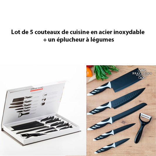 Set de Cuisine en Acier Inoxydable : 5 Couteaux Professionnels + Éplucheur