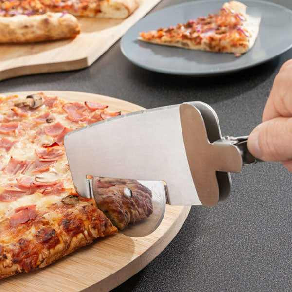 Découpeur 4 en 1 pour pizza : roulette, dents de scie, spatule et pince