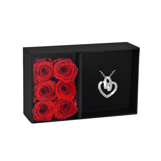 Collier cœur en Zirconium avec 6 roses éternelles rouges